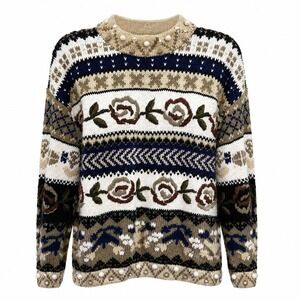 Express Handknitted Vintage 90s Fair Isle Floral Bobble Sweater Navy Tan Size M
